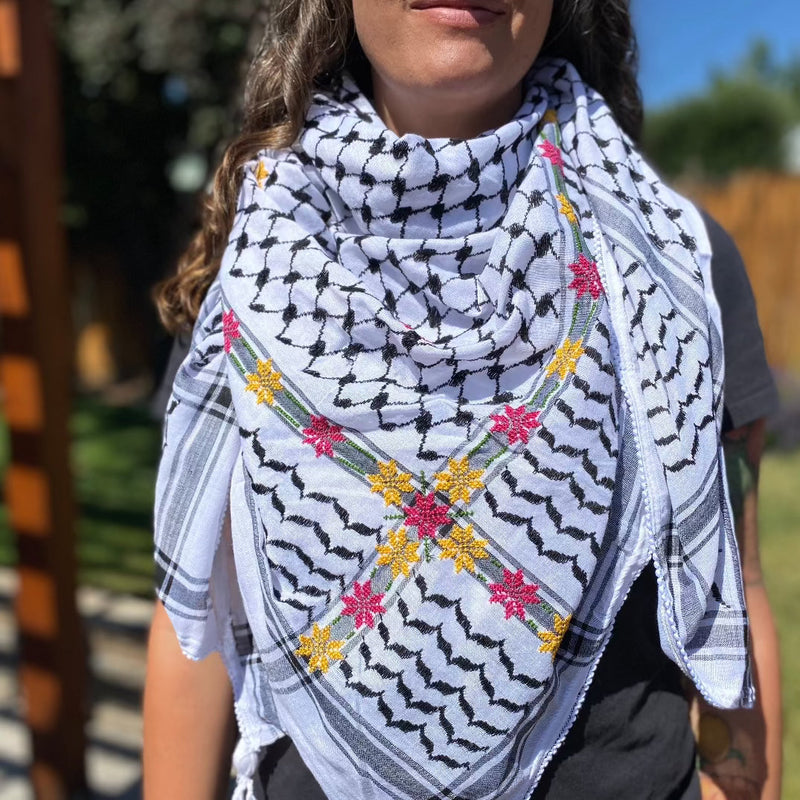 Keffiyehs - Kuffiyeh With Hand Embroidered Palestinian Tatreez | Yellow And Pink