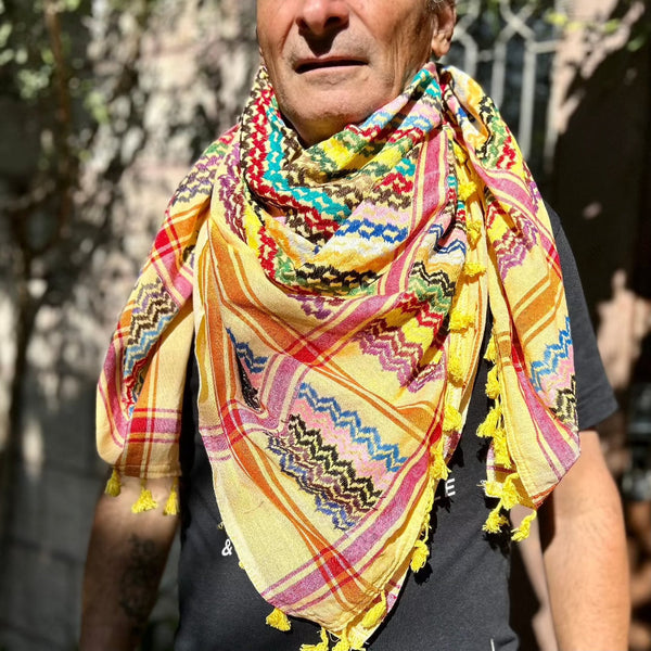 Keffiyehs - Original Keffiyeh Made In Palestine | Rainbow Stitching On Colored Linen