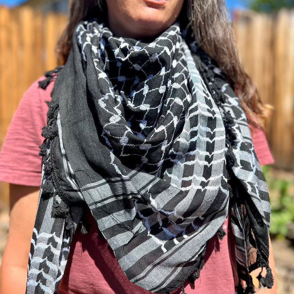 Palestinian keffiyeh, checkered black and white scarf, with