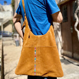 Leather - Palestinian Embroidery And Suede Crossbody Tote Bag With Tatreez