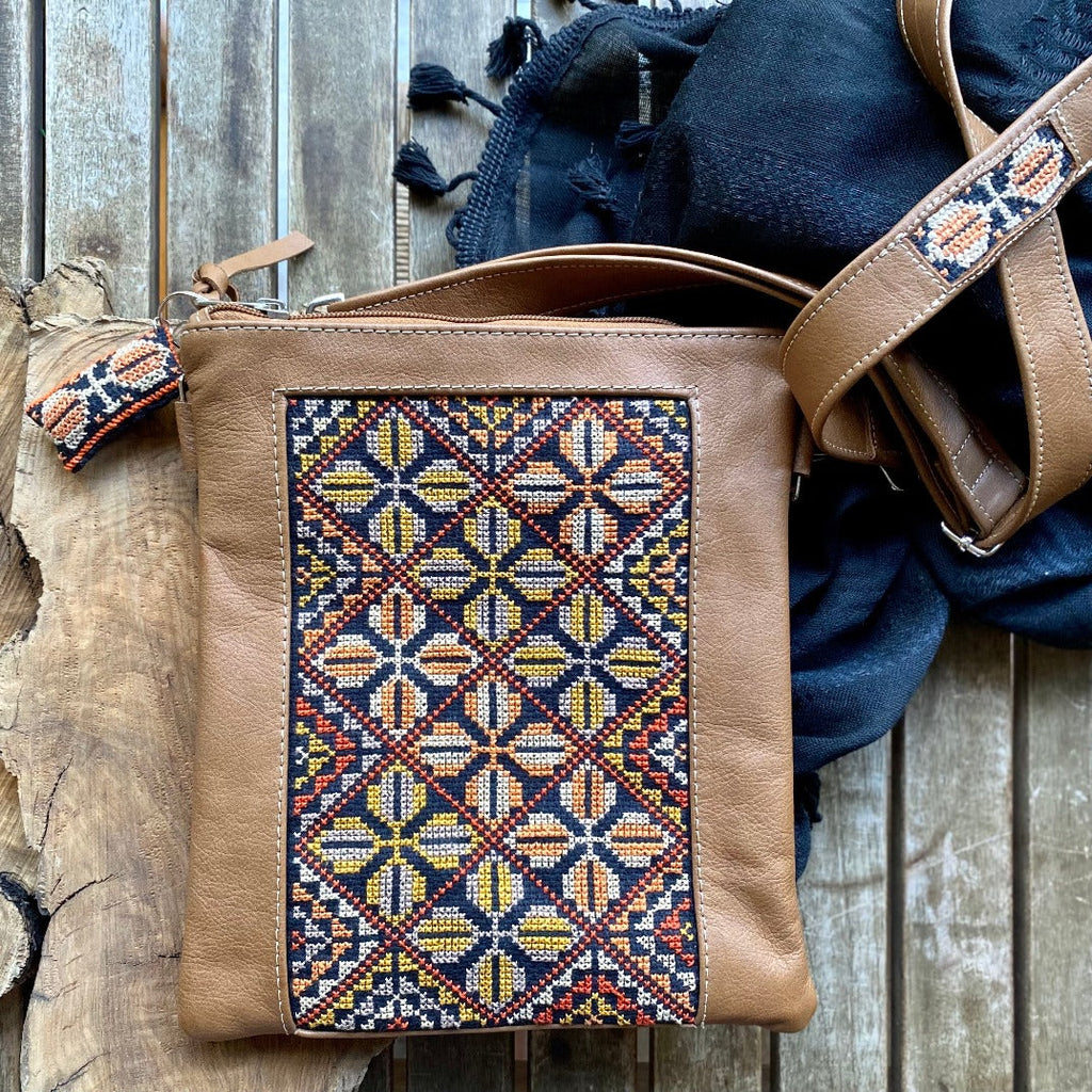 Palestinian Embroidery and Suede Crossbody Tote Bag with Tatreez