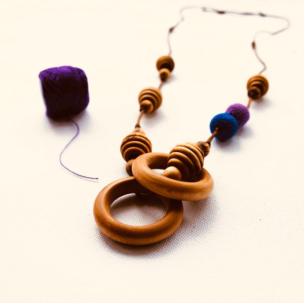 Little Olea - Olive Wood Teething Necklace With Crocheted Purple & Blue Beads
