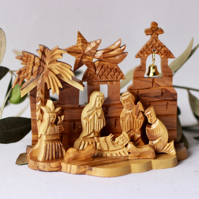 Nativity Sets - Small Olive Wood Nativity From Bethlehem | Wooden With Bell Nativity
