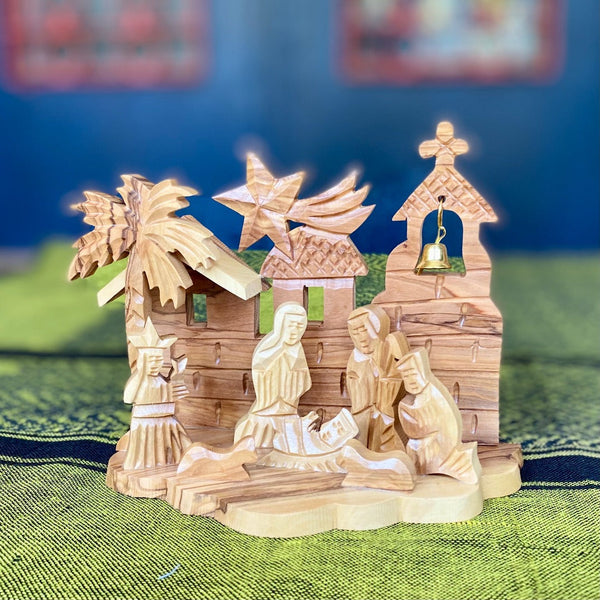 Nativity Sets - Small Olive Wood Nativity From Bethlehem | Wooden With Bell Nativity