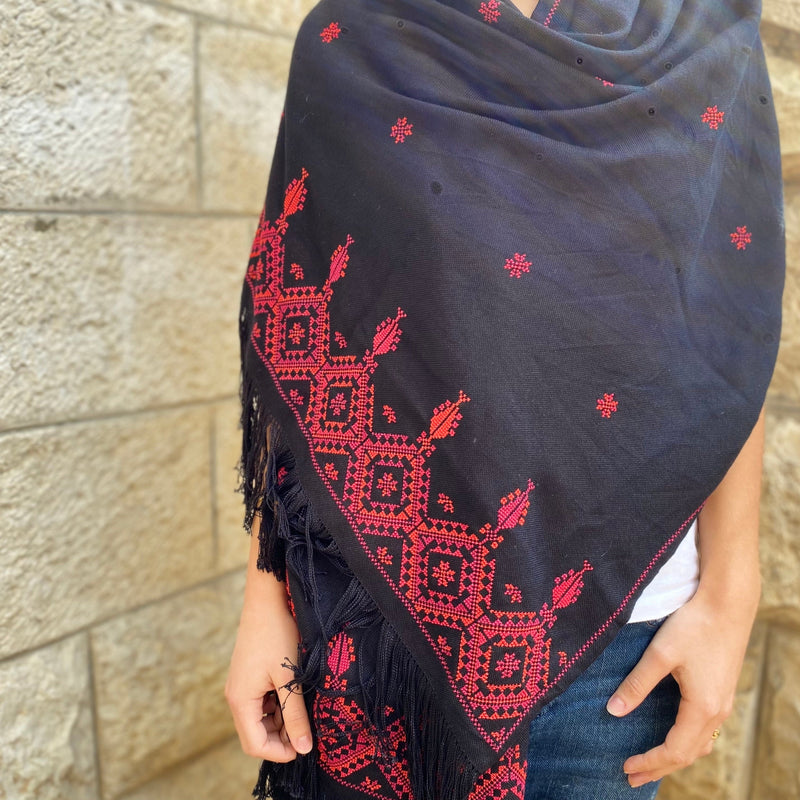 Scarves And Shawls - Gaza Women Embroidered Shawl - Large Diamonds Tatreez On Black Rectangle