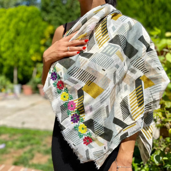 Scarves And Shawls - Palestinian Tatreez On Scarf | Embroidered Summer Scarf From Palestine