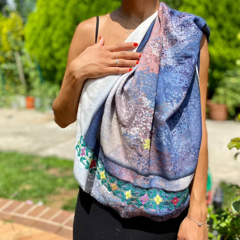 Scarves And Shawls - Palestinian Traditional Tatreez On Summery Scarf | Embroidered Scarf From Palestine