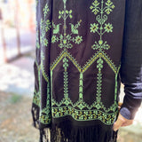Scarves And Shawls - Rectangular Shawl In Green Tatreez - Flower And Stalk Scarf - Embroidery From Palestine