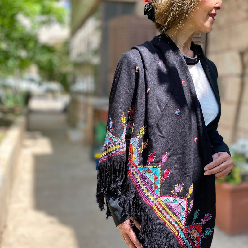 Scarves And Shawls - Tatreez On Black Shawl From Gaza- Rainbow Embroidery In Triangle Necklace And Cypress - Triangle Shawl
