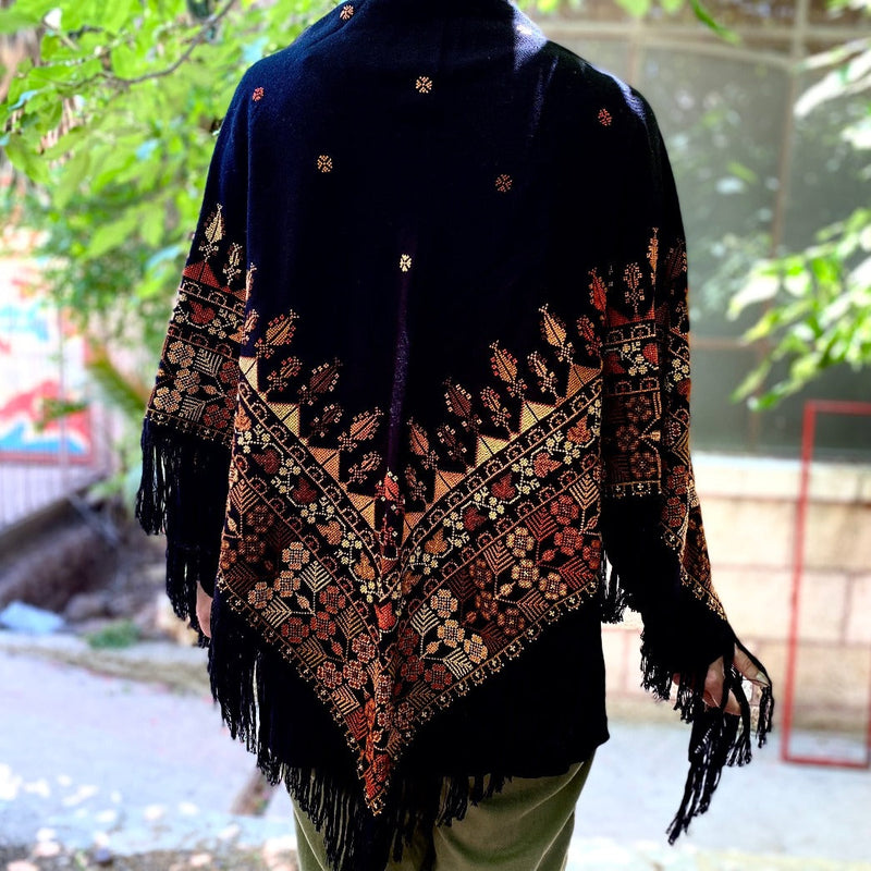 Scarves And Shawls - Triangle Shawl With Roses And Feathers In Browns - Tatreez From Palestine