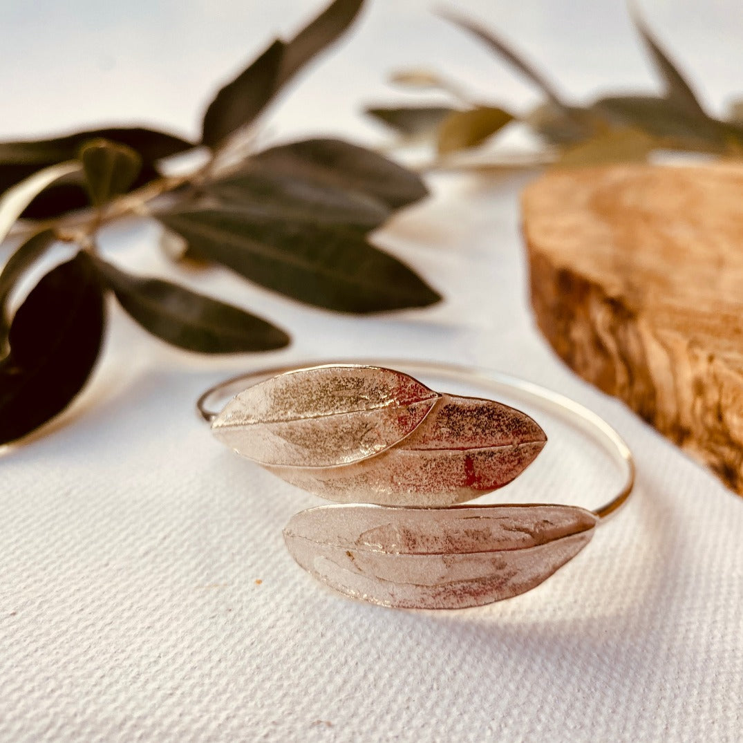 Silver Jewelry - 3 Olive Leaves Sterling Silver Snake Bracelet