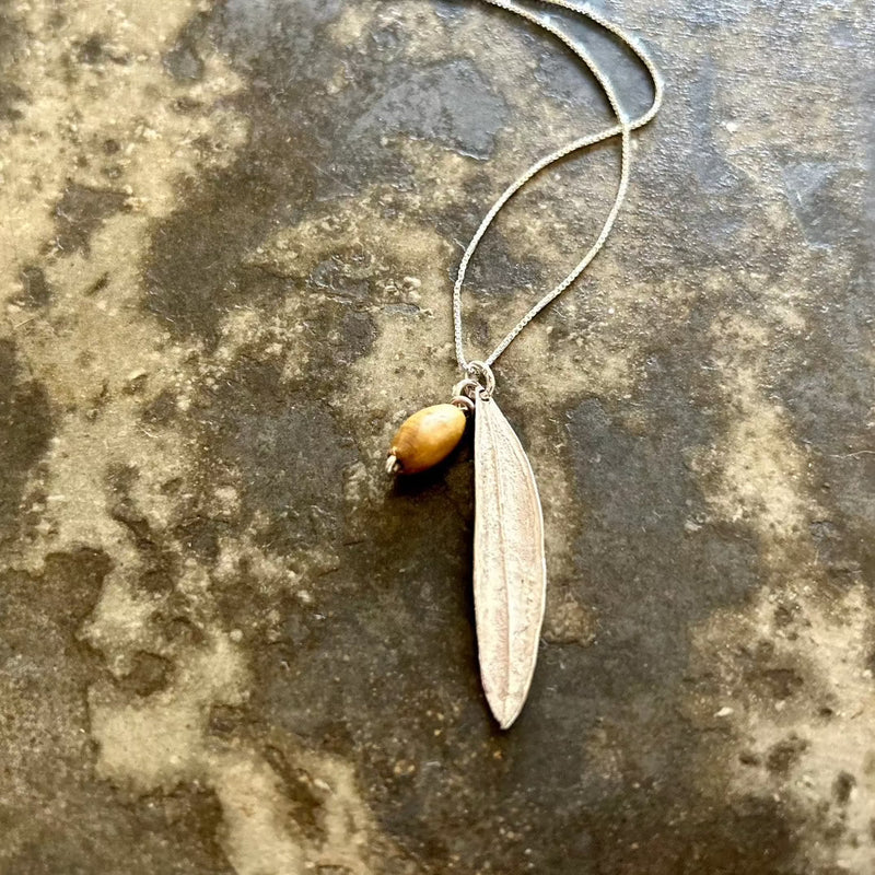 Silver Jewelry - Holy Land Olive Leaf Necklace With Olive Wood Bead | Handcrafted In Bethlehem