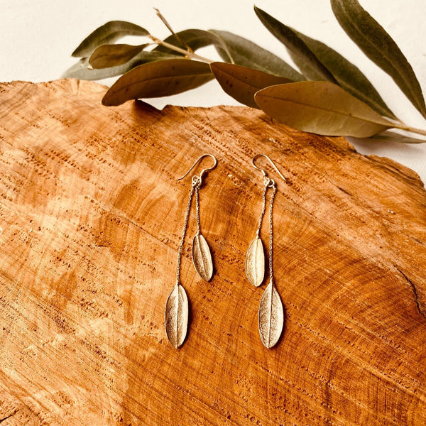 Silver Jewelry - Sterling Silver Earrings | 2 Small Olive Leaves Dangling On A Chain