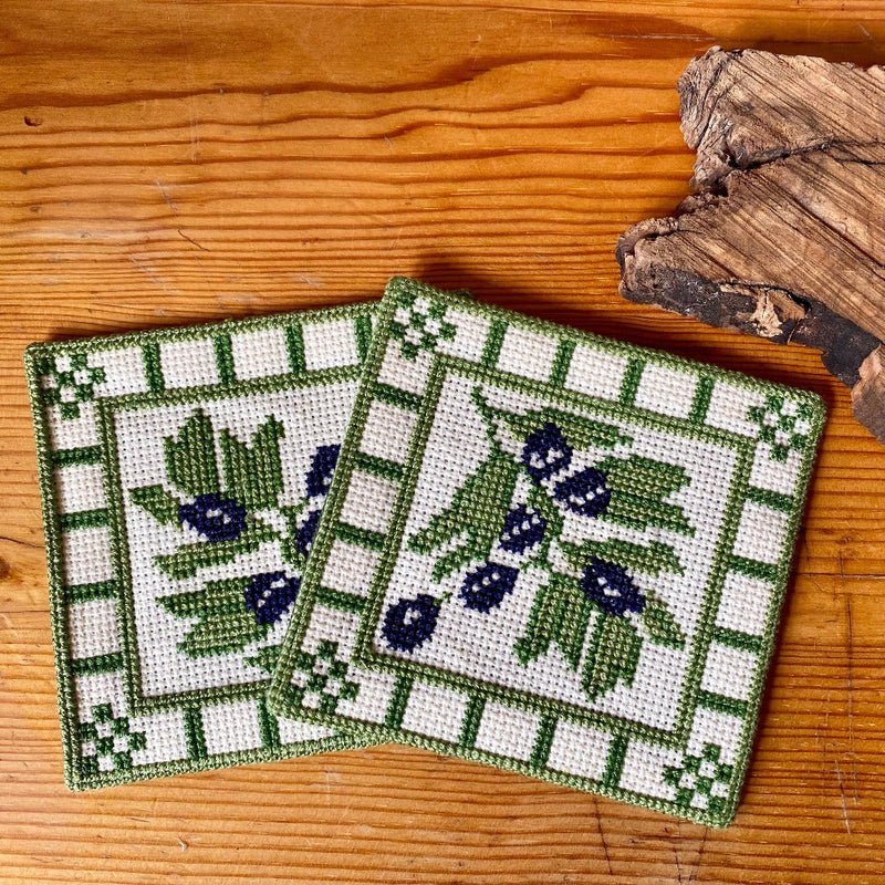 Tatreez - Embroidered Cloth Coasters - Palestinian Olive Leaf - Set Of Two From Gaza