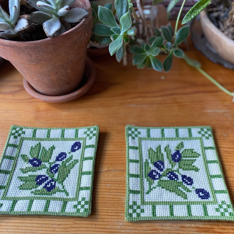 Tatreez - Embroidered Cloth Coasters - Palestinian Olive Leaf - Set Of Two From Gaza