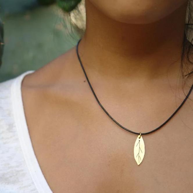 Brass Jewelry - Olive Leaf In Brass With Leather Cord