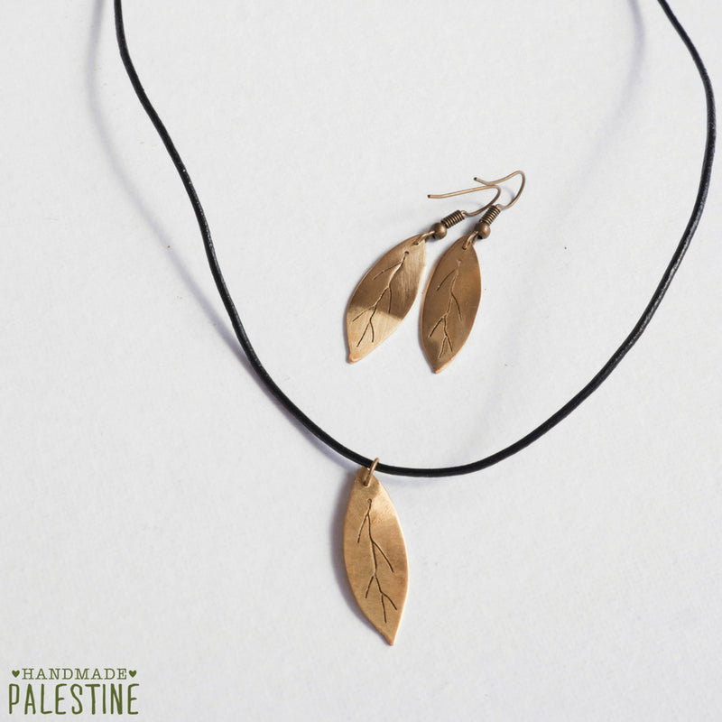 Brass Jewelry - Olive Leaf Necklace And Earring In Brass Set