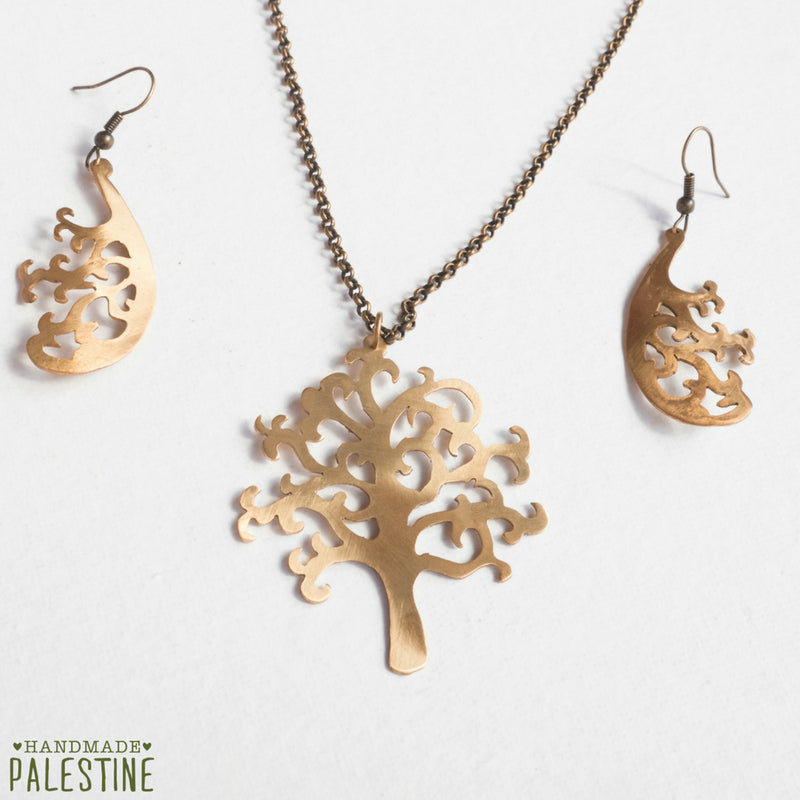 Brass Jewelry - Olive Tree Necklace And Intricate Earrings Set