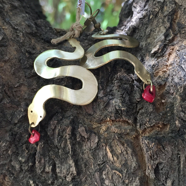 Brass Jewelry - Snake Earrings In Hand Cut Brass