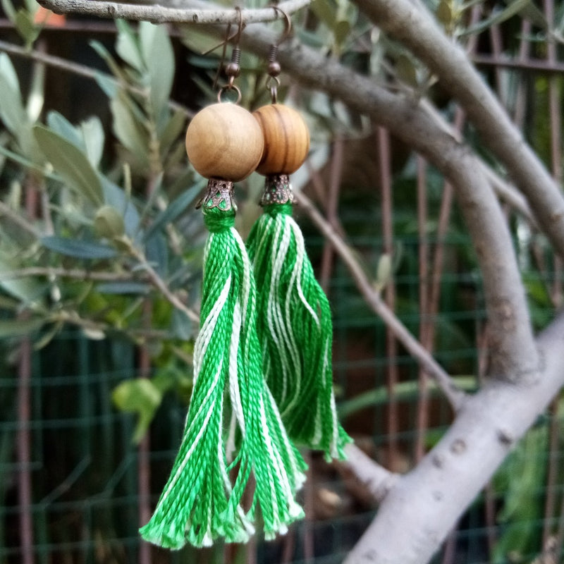 Handmade Jewelry - Tassel Earrings With Crocheted Olive Wood Beads