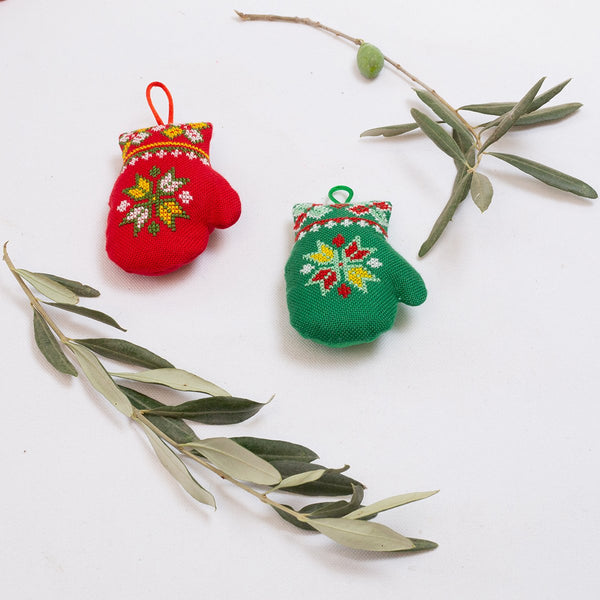 Holiday - Christmas Tree Ornament - Tatreez - Cross Stitched Mittens