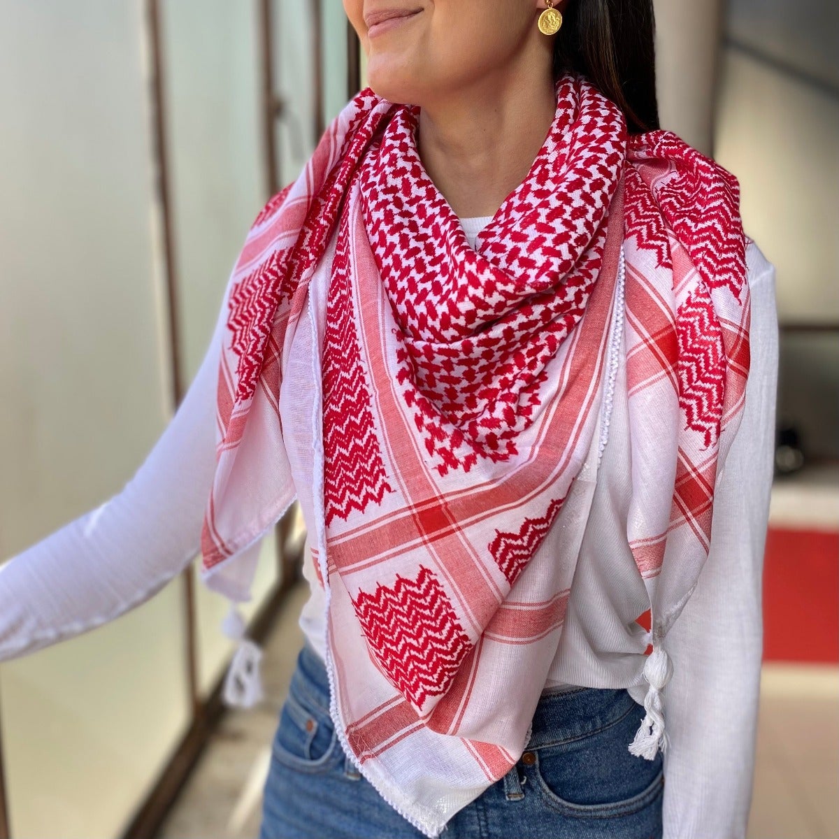 Palestinian keffiyeh, checkered black and white scarf, with