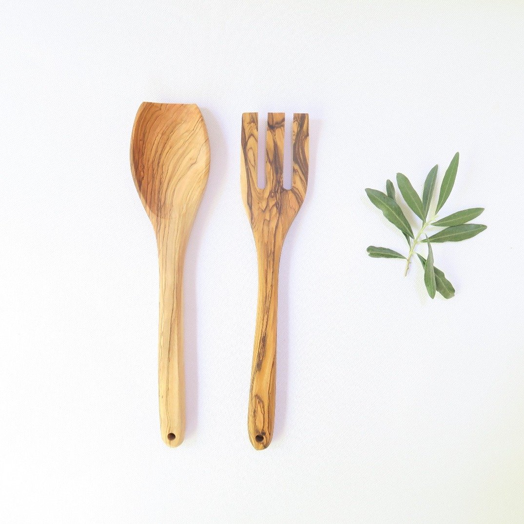 Olive Wood - Large Fork & Spoon Bundle - Salad Utensils