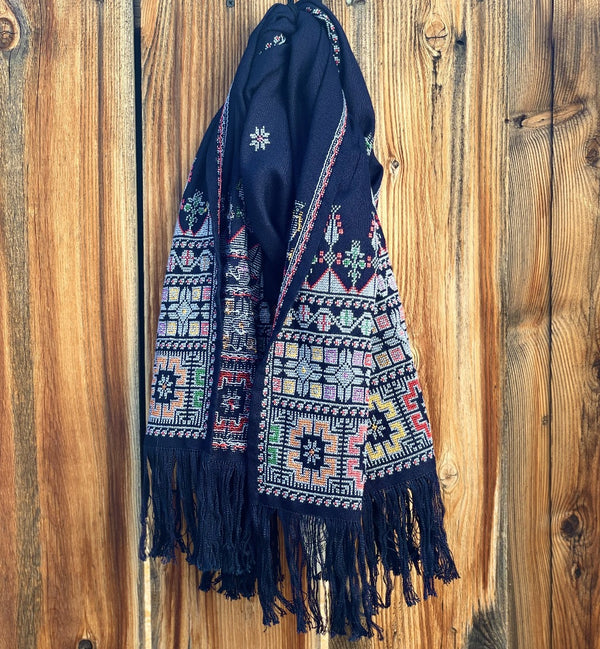 Scarves And Shawls - Embroidery On Dark Blue Shawl From Gaza