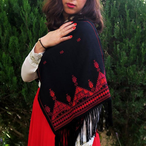 Scarves And Shawls - Traditional Palestinian Red On Black Embroidered Scarf - Cypress & Tree