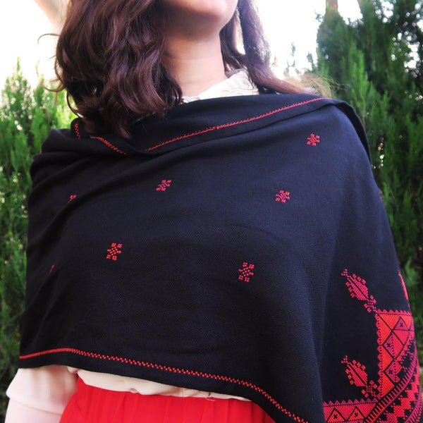 Scarves And Shawls - Traditional Palestinian Red On Black Embroidered Scarf - Cypress & Tree