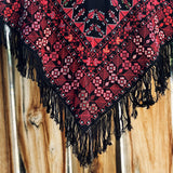 Scarves And Shawls - Traditional Scarf From Gaza Embroidered Black Triangle Shawl In Red