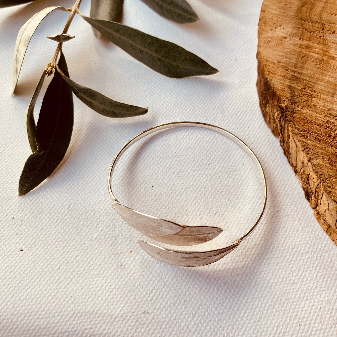 Silver Jewelry - 3 Olive Leaves Sterling Silver Snake Bracelet