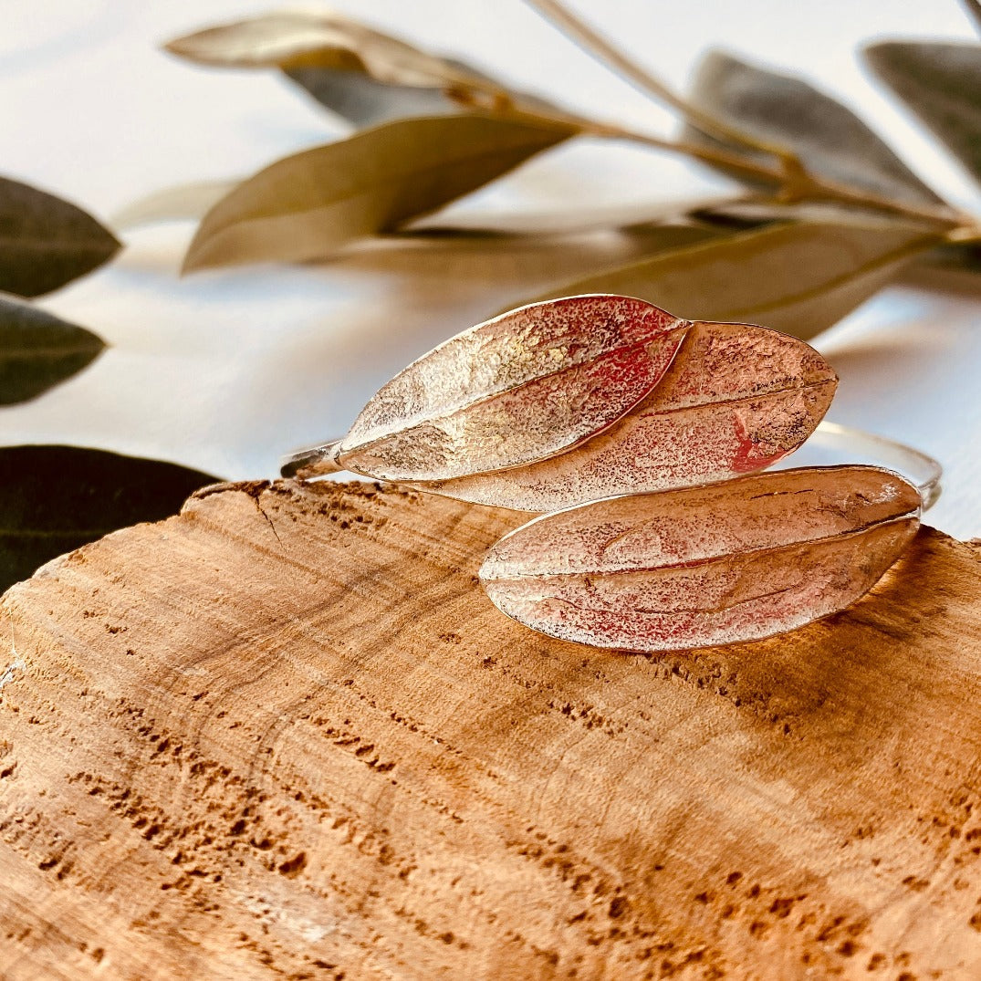 Silver Jewelry - 3 Olive Leaves Sterling Silver Snake Bracelet