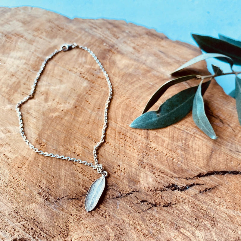 Silver Jewelry - Olive Leaf Charm Dangling On A Chain Bracelet In Sterling Silver