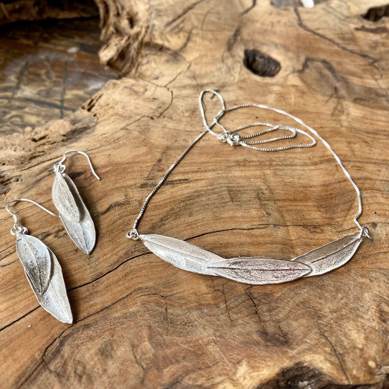 Silver Jewelry - Sterling Silver Necklace Of 3 Olive Leaf-Arch & Double Leaf Earrings Gift Set