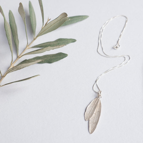 Silver Jewelry - Sterling Silver Olive Leaf Necklace - Double Leaves On Chain