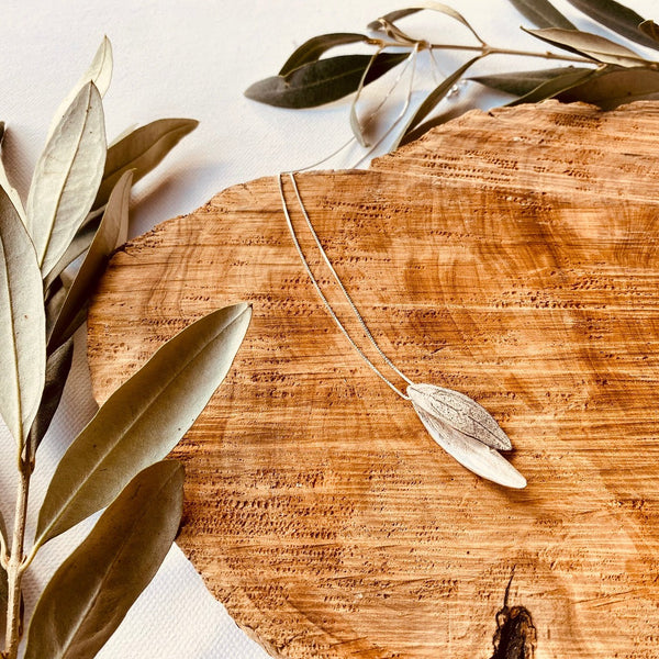 Silver Jewelry - Sterling Silver Olive Leaf Necklace On Chain With Fused Leaves