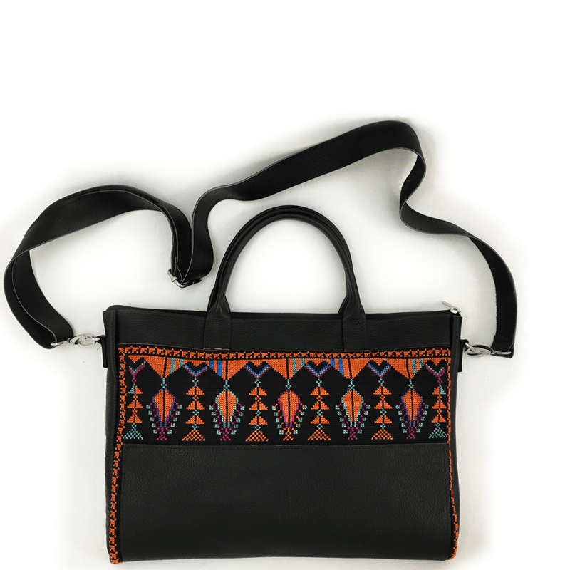 Tatreez - Laptop Bag In Handcrafted Leather And Traditional Palestinian Embroidery