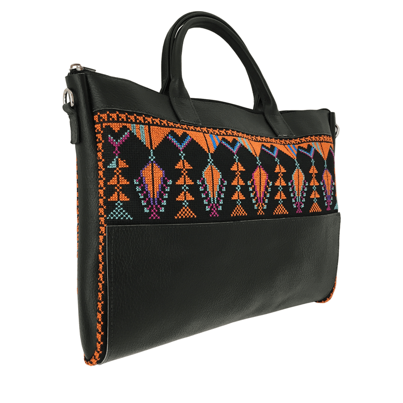 Tatreez - Laptop Bag In Handcrafted Leather And Traditional Palestinian Embroidery